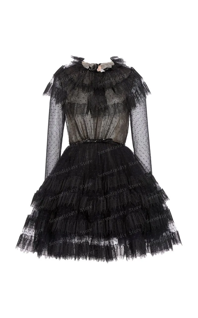 Vestido de festa preto com decote redondo, manga comprida com babados de bolinhas, vestido de baile de tule em camadas, mini vestido de coquetel feminino plus size