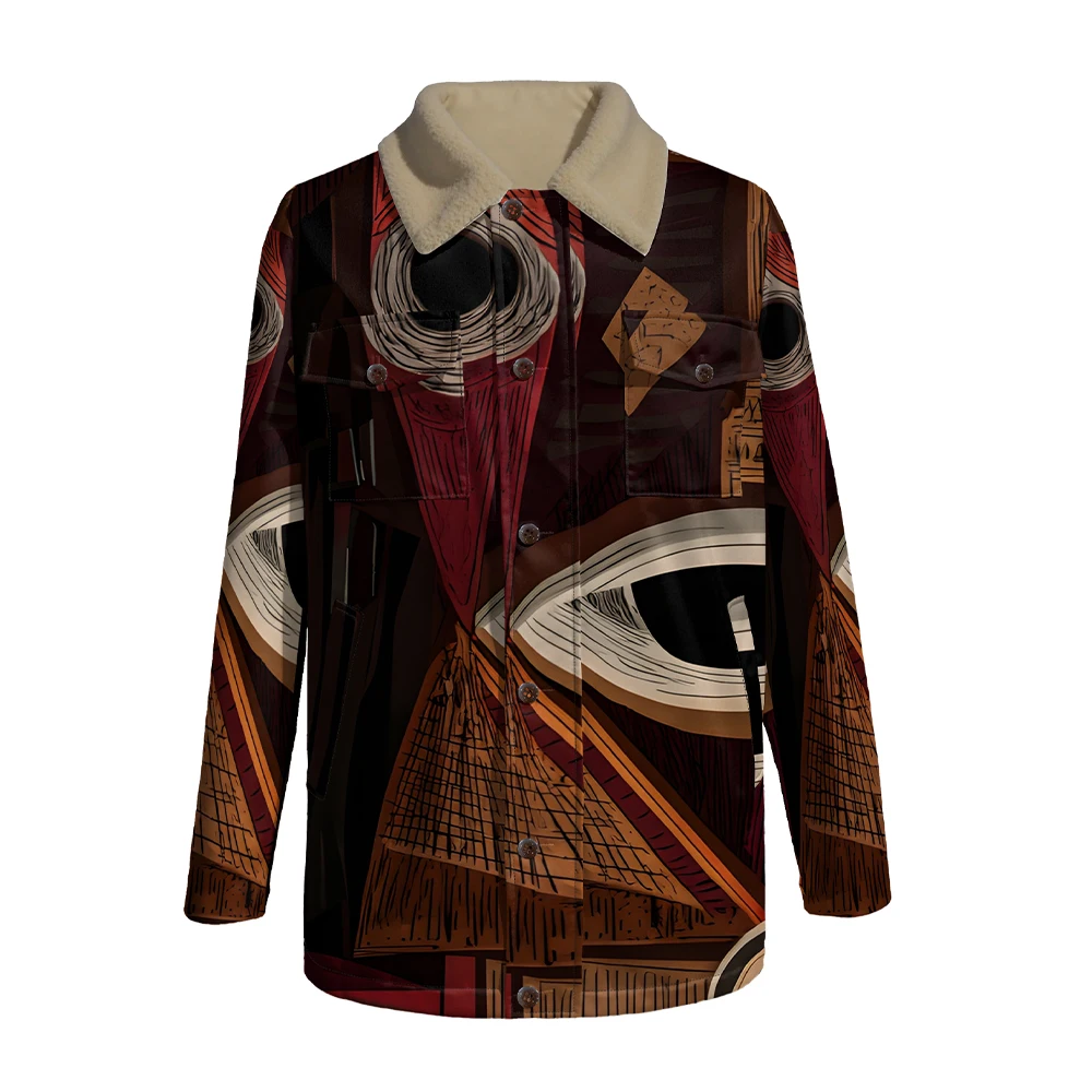 Retro Geometric Outerwear Long Coats Zebra Elephant Jungle 4 Pockets Windproof Fleece Collar Parka Reel Trend Warm Winter Jacket