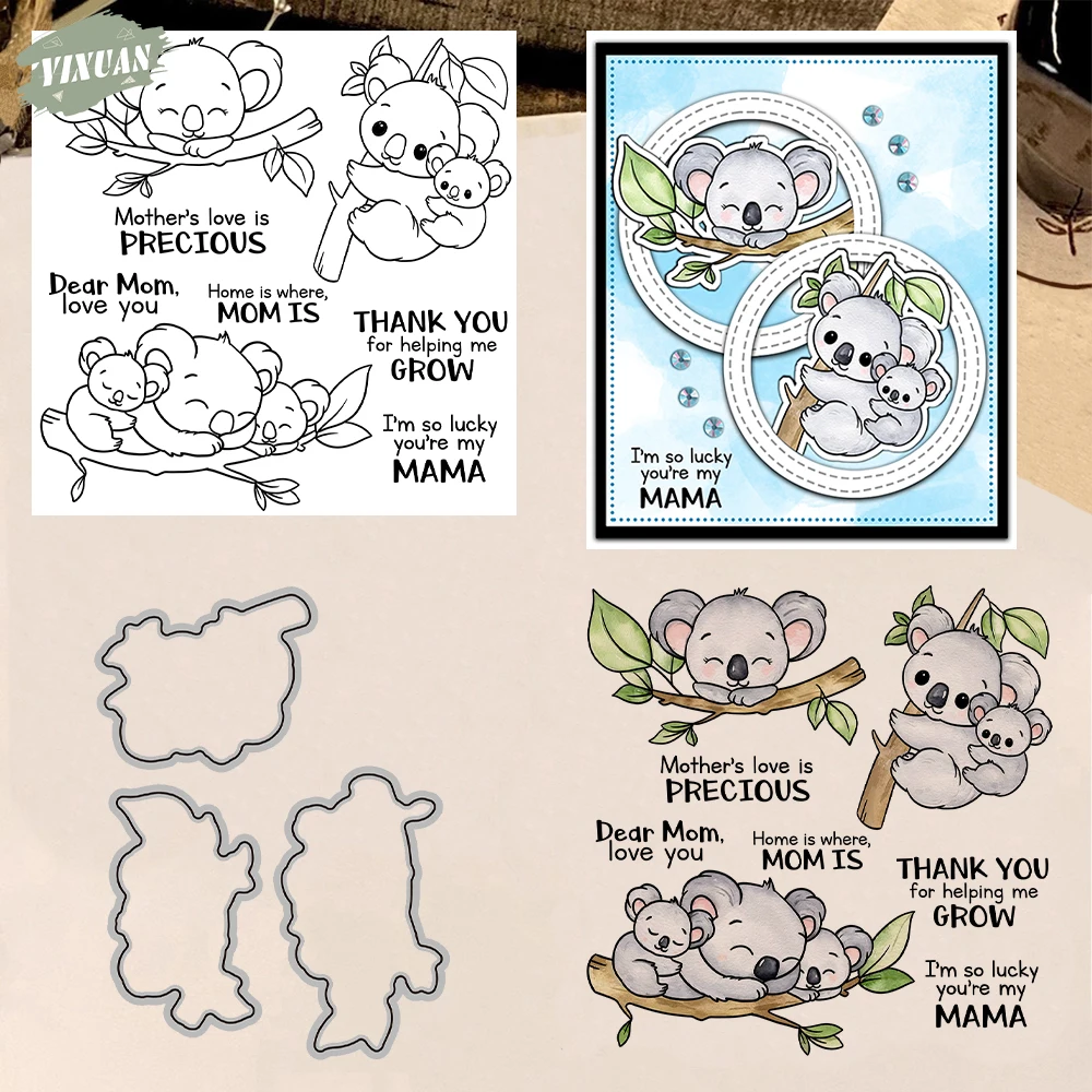 Cute Koala Family Cutting Dies Clear Stamp Set DIY Scrapbooking Metal Dies Silicone Stamp For Card Making Albums Decor