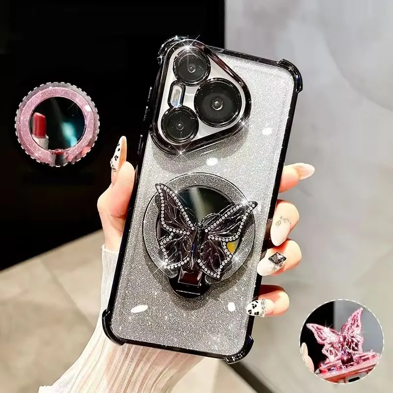 Shockproof Mirror Butterfly Holder Phone Case For Xiaomi Poco C75 C71 C65 C61 C55 C40 M7 4G M6 Plus M5S M3 M2 Pro 5G Soft Cover