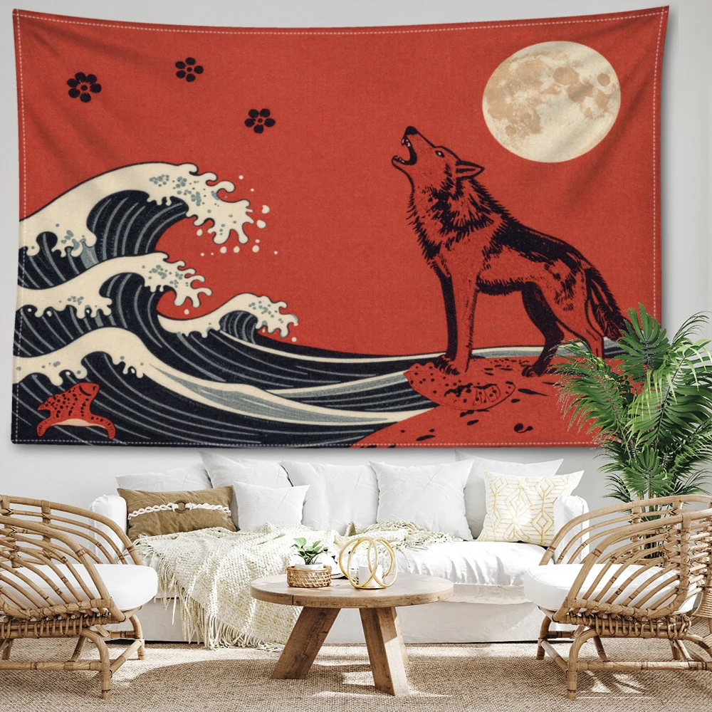 Red Ukiyoe Style Wolf Moon Gazing Sea Wave Wall Tapestry, Japanese Decor