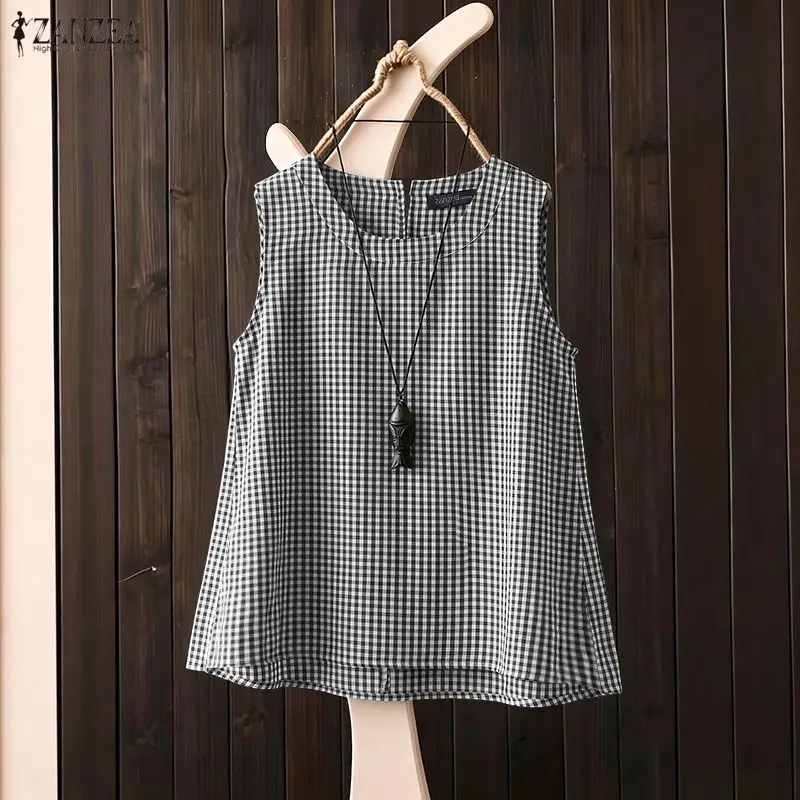 2026 ZANZEA Summer Tanks Tops Women Sleeveless Plaid Blouse Casual Loose Holiday Beach Tees Mujer Vintage Work Shirt Oversize