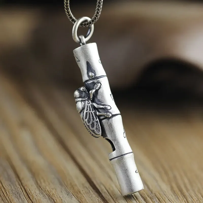 100% S925 Silver Jewelry Creative Personality Blockbuster Golden Cicada Whistle Retro Ethnic Pendant for Men and Women