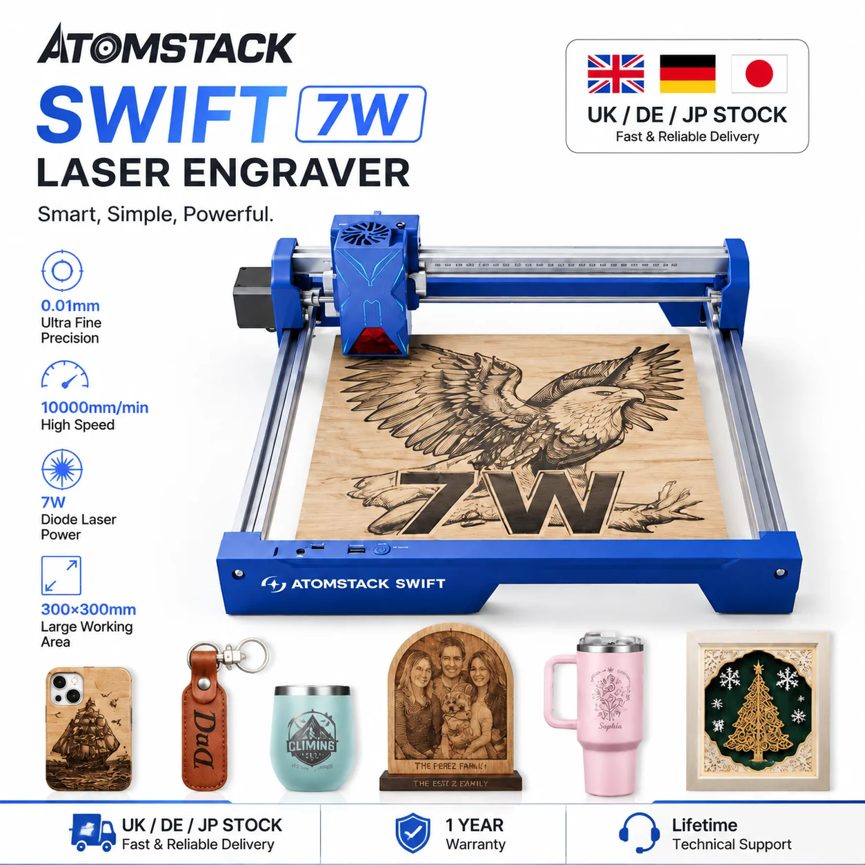 AtomStack Swift Laser-Graviergerät 7W Desktop-Laserschneider für Holz und Metall, tragbare DIY-CNC-Maschine mit AI & LightBurn WiFi/USB für Hobby & Kleinunternehmen