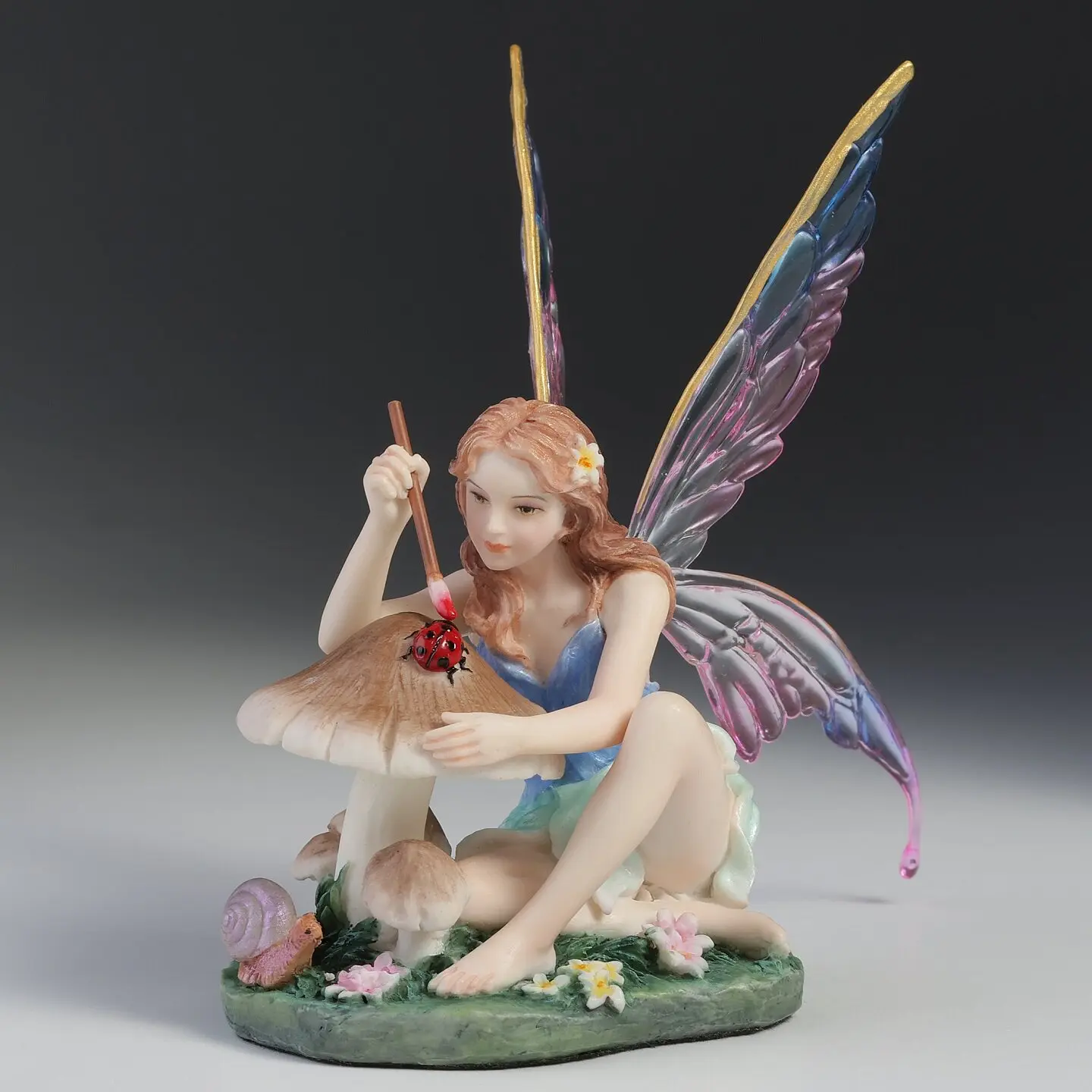 Resin Fairy Figurine Sitting on Mushroom with Ladybug Snail Colorful Shimmer Wings Elf Statue Home Desktop Decorative Ornament