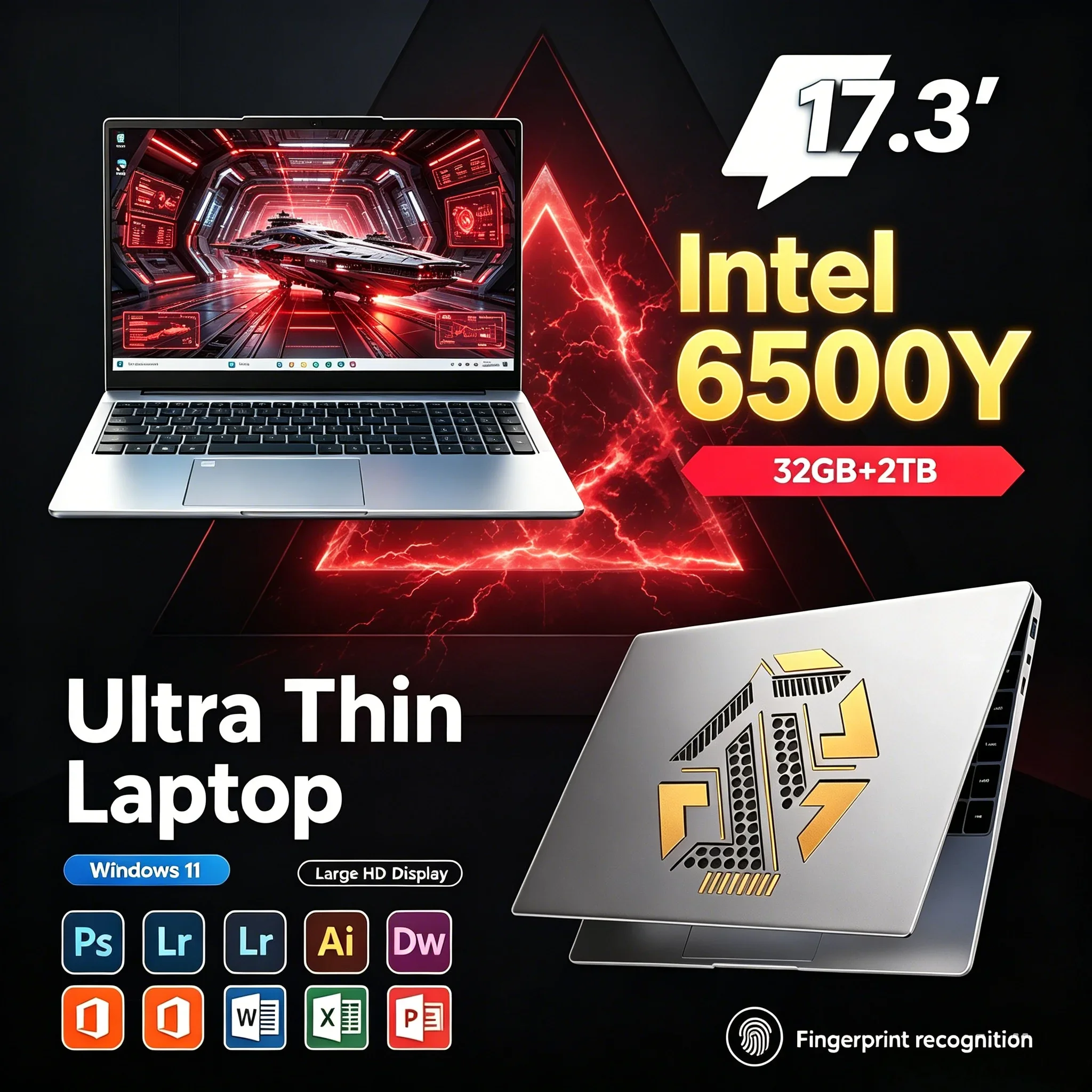 Intel 6500Y 17.3 Inch HD Laptop PC 32GB RAM 1TB/2TB SSD Windows11 WiFi6 BT5.2 Light Portable Daily Work & Study Office Notebook