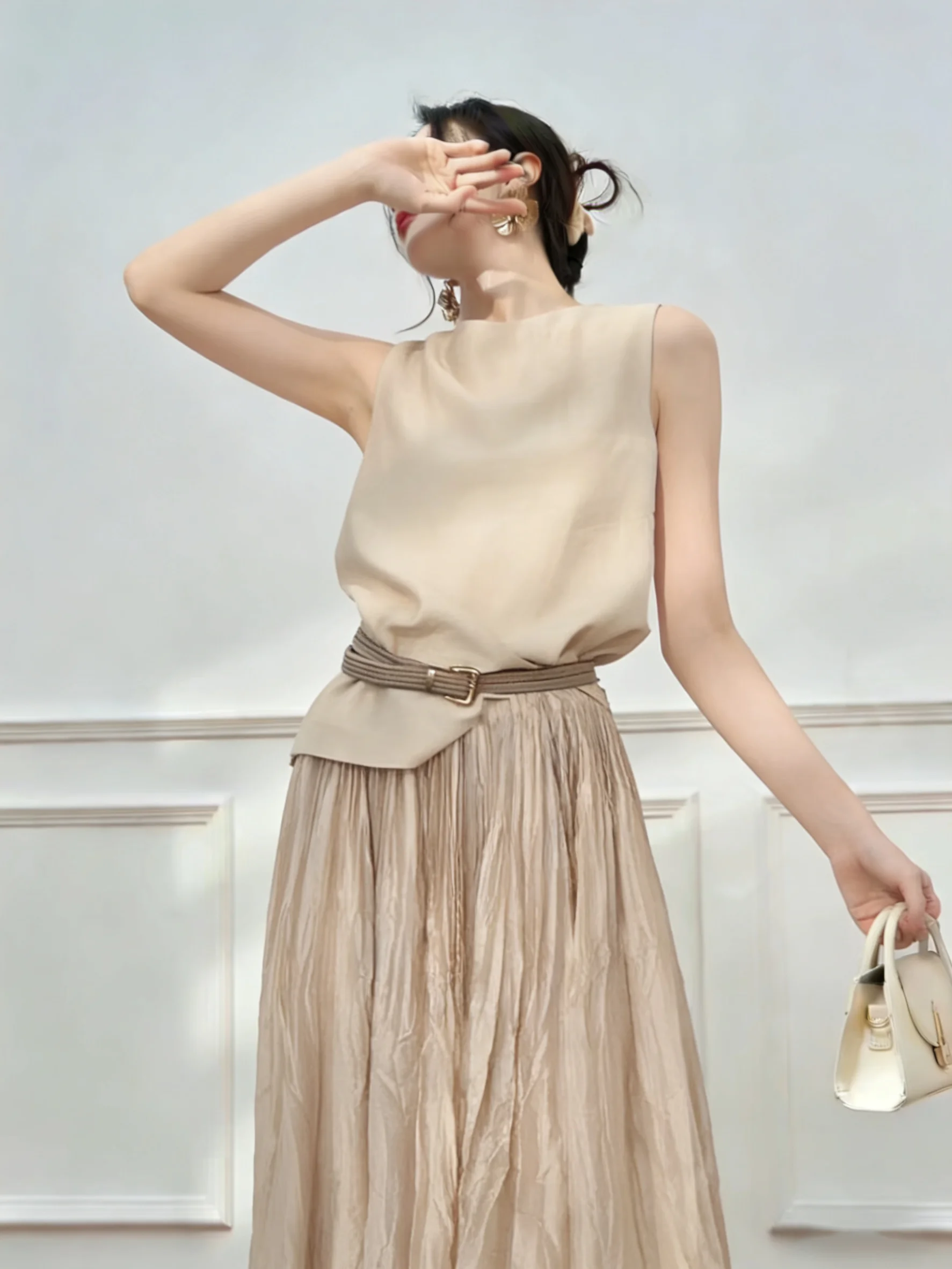 

Cherry Blossom Color Sleeveless Vest Top Half-length Skirt Korean Style Whole Set OOTD Light Maturity Unique Non-repeating Set