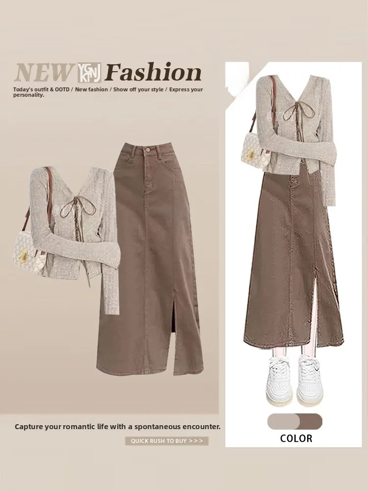 

Faionable Long Sve Открытый кардиган с поясом и юбка с высокой талией для женщин Осенний сезон Повседневная одежда Универсальная футболка...