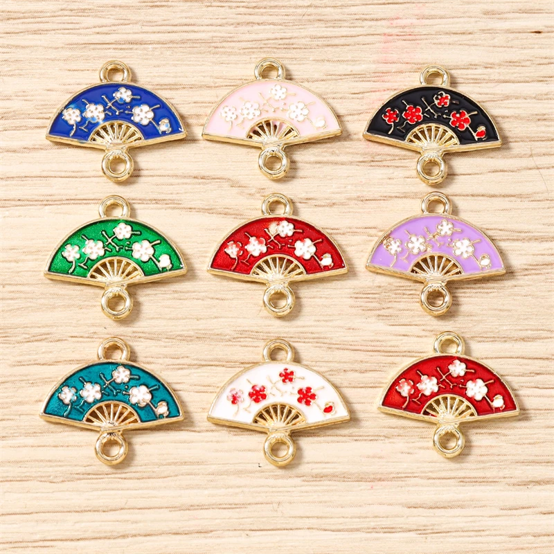 10 Stück 16 x 14 mm niedliche bunte Emaille-Blumen-Fächer-Charms-Anschlüsse für Schmuckherstellung, Halsketten, Armbänder, DIY-Bastelzubehör – Detail 2