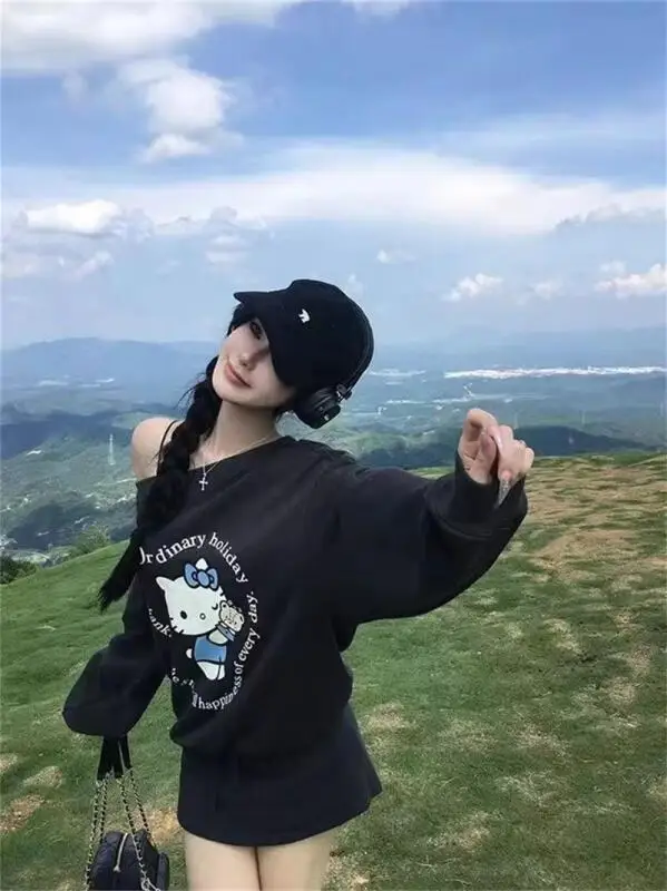 Sanrio новая милая толстовка с рисунком «Hello Kitty», толстовка с длинными рукавами и открытыми плечами для девочек, свободная толстовка с принтом на весну и осень