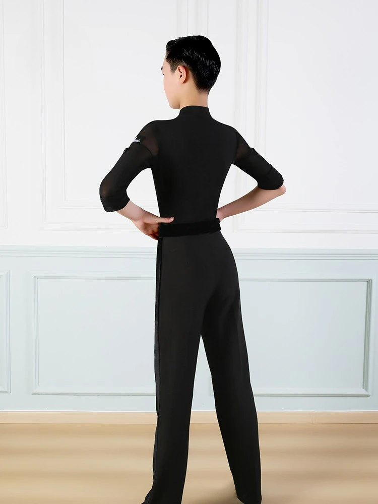 2024 جديد الاطفال الصبي اللاتينية أزياء رقص الأطفال طويلة الأكمام الخامس الرقبة قاعة الرقص التدريب الملابس تشا تشا رومبا Dancewear