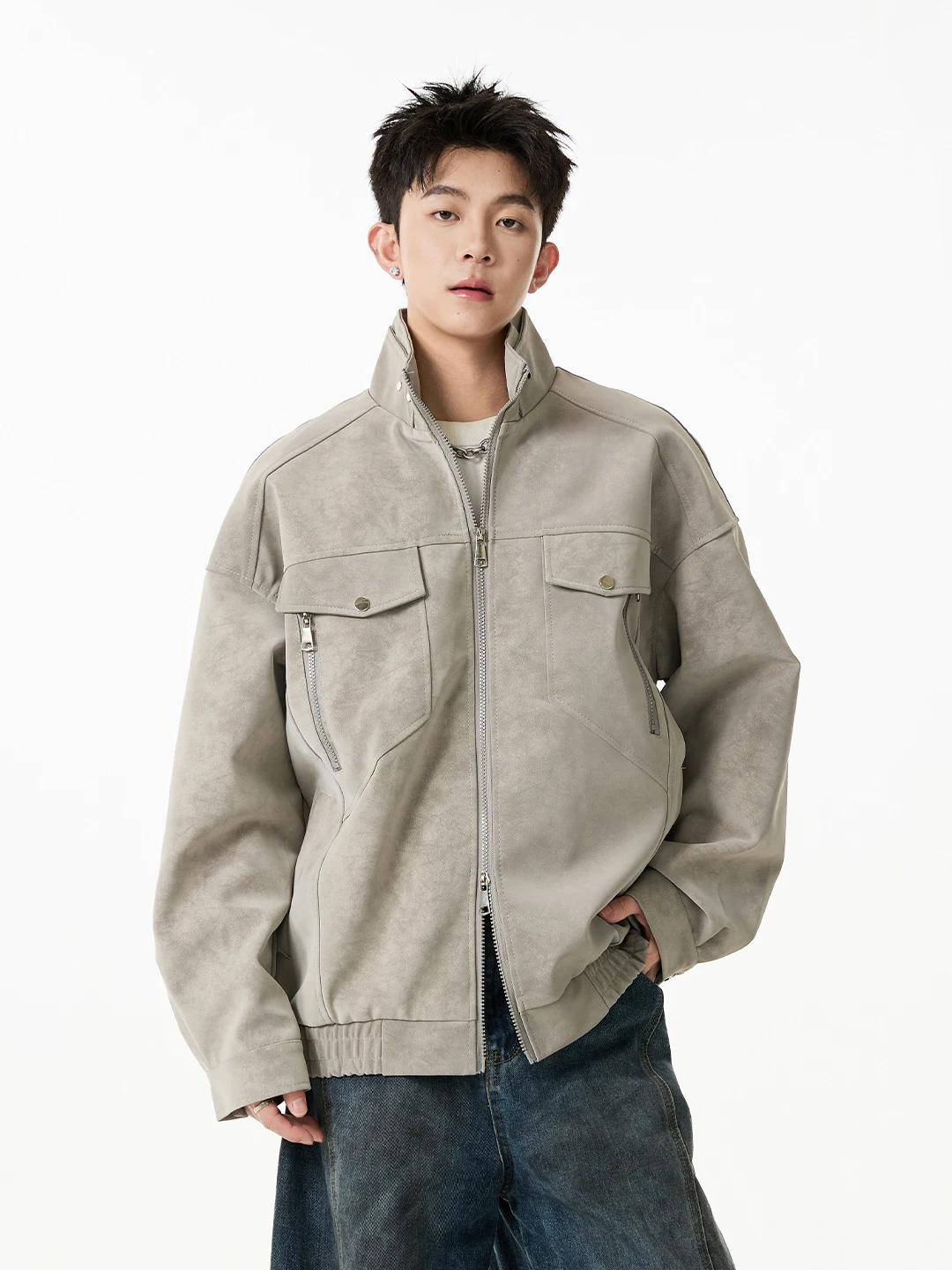 

Trendy PU Leather Jaet Men's Thiened Stand Collar Motorcycle Jaet Autumn Winter Warm Retro Top Casual Loose Fit Jeans