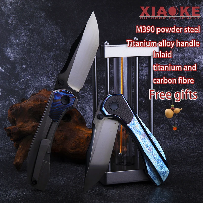 TC4 Titanium M390 Steel EDC Folding Knife Timascus Carbon Fiber Inlay Portable Outdoor Camping Gear Collectible Gift