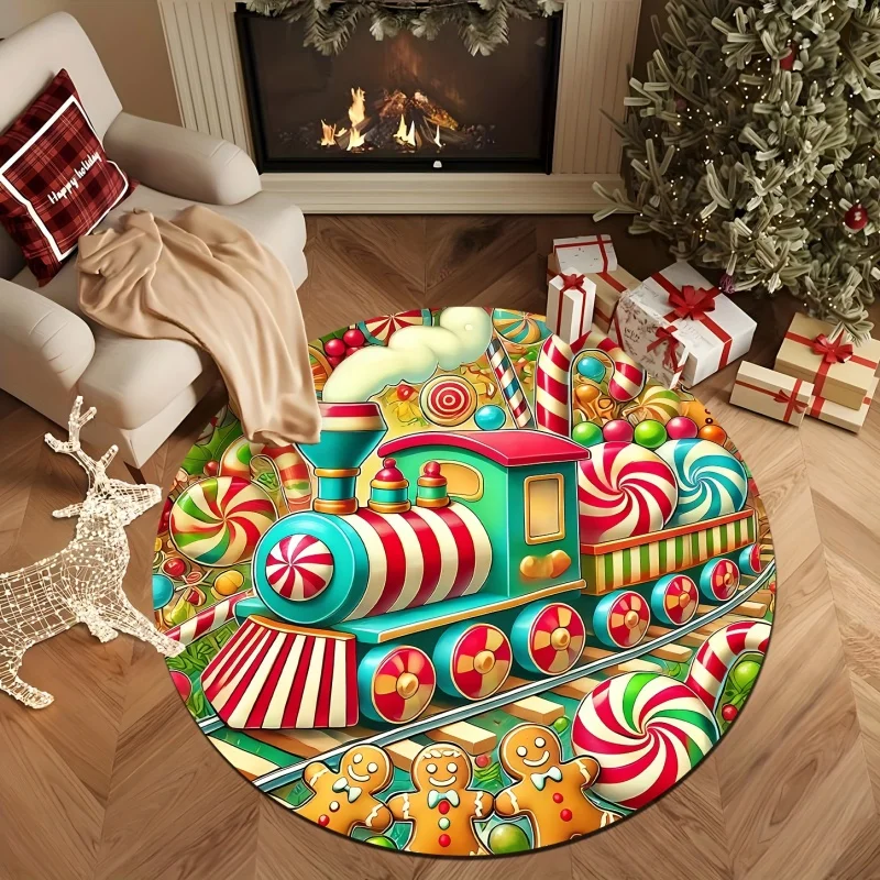 Ice Skate Christmas Round Area Rug, Holly Candy Cane Winter Printed Circular Floor Mat, Xmas Holiday Indoor Home Decor