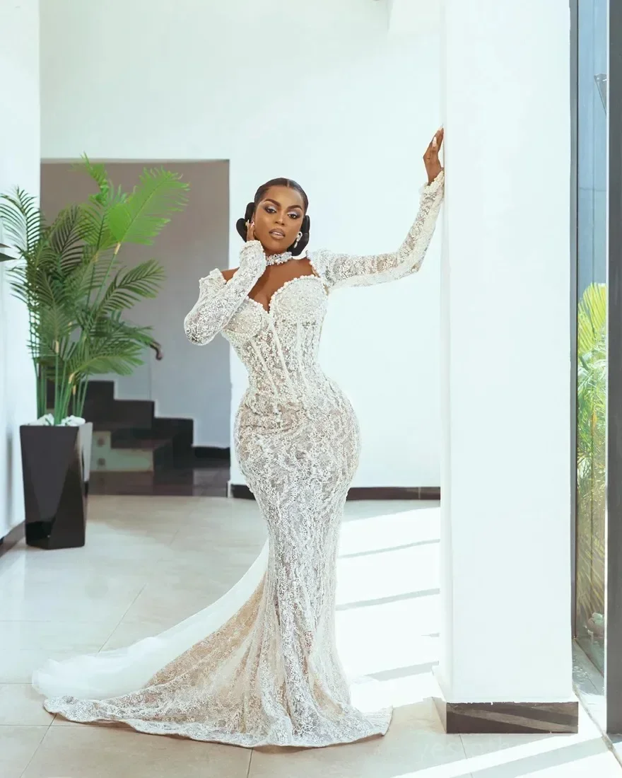 Customized Illusion High Collar African Wedding Dress For Bride 2025  Long Sleeves Shinny Beaded Lace Pearls Wedding Gowns