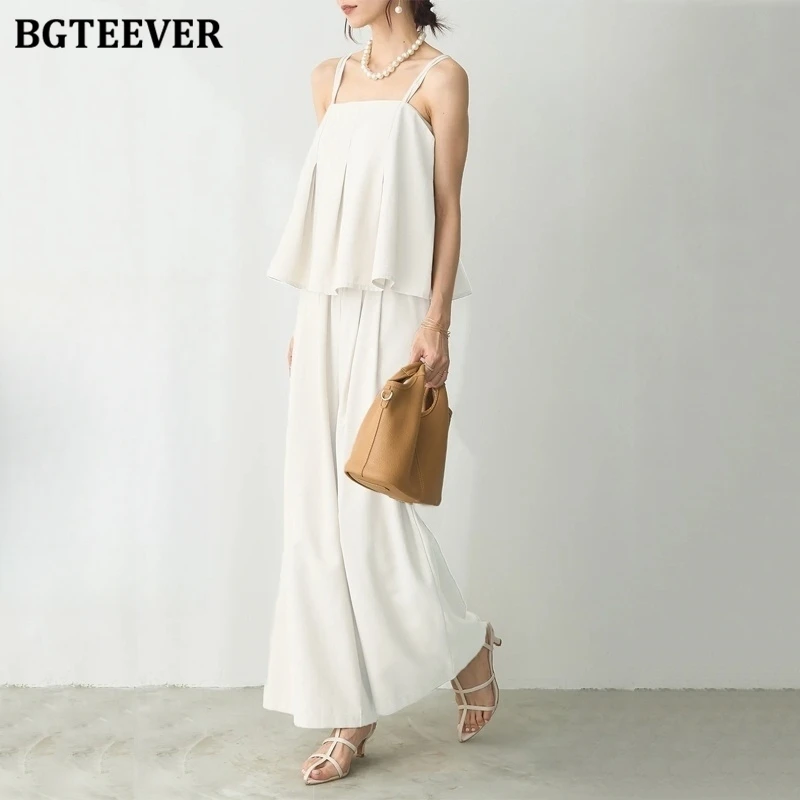 BGTEEVER Summer Loose Women 2 Pieces Trousers Set Sleeveless Tank Tops Ladies Wide Leg Pants Female Outfits
