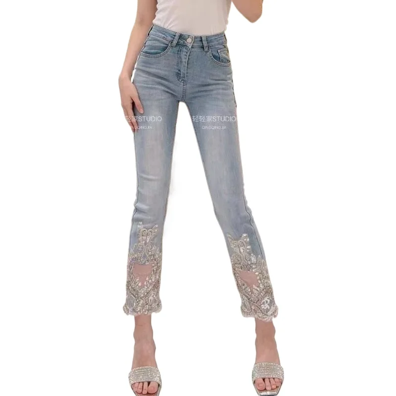 2026 Spring Summer New Heavy Industry Diamond Sequined Hollow Jeans Women's High Waist Thin Ripped Pipe Pants Nine-Point Pants