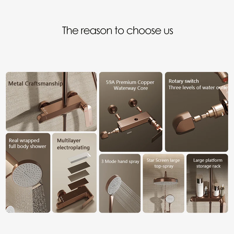 Hot-selling Three-function Rain Shower Head Set Brass Rose Gold Hotel Apartment Rain Shower System