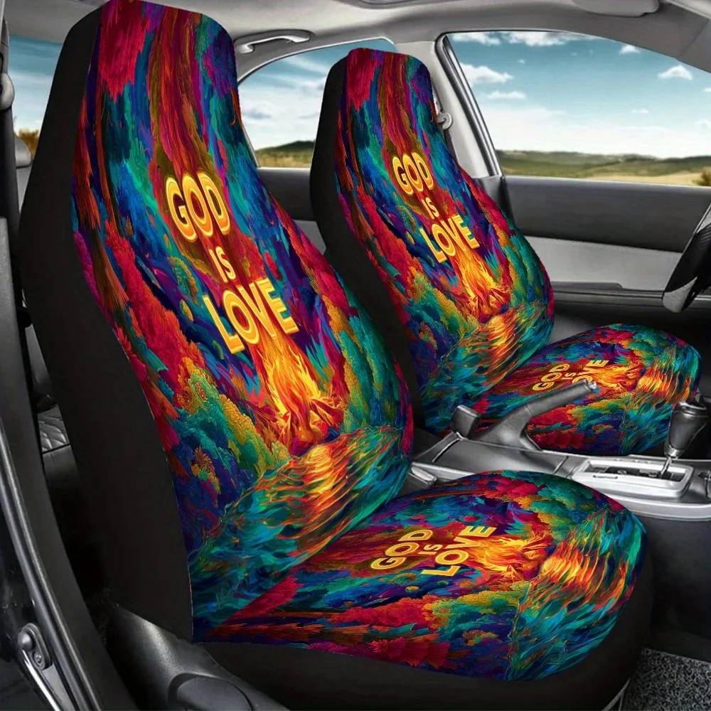 2pcs God'S Love Ablaze Car Seat Covers - Vibrant Floral & Fire Design, Fit For Women & Men, Enhances Driving Pleasure, Perfect G