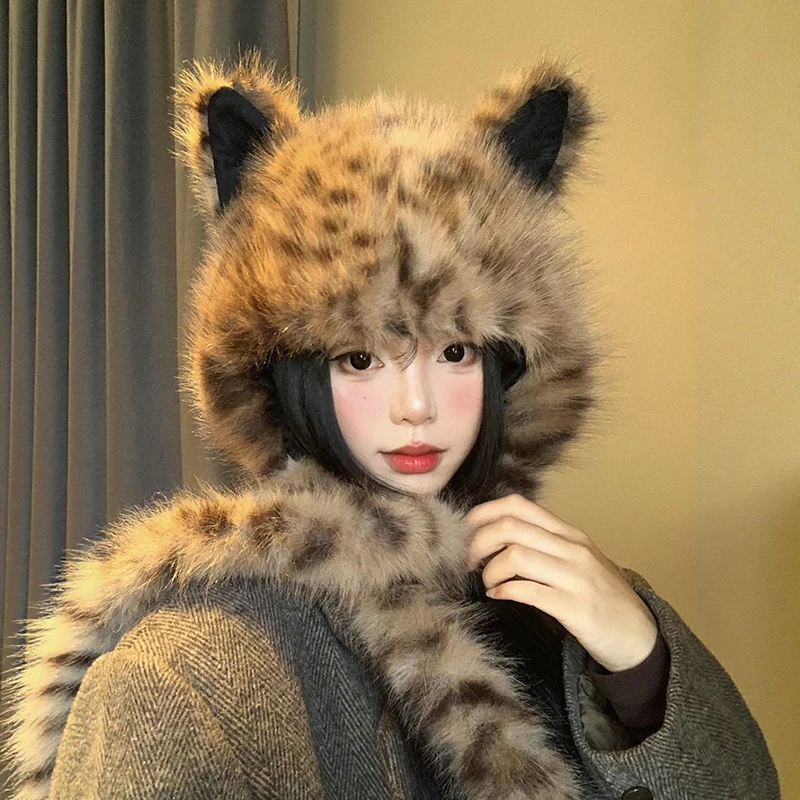 

Personalize Cute Fox Ears Leopard Pattern Plush Hat Autumn Winter Women Keep Warm Pullover Hat Thick Collar Breathe Bonnet Hats