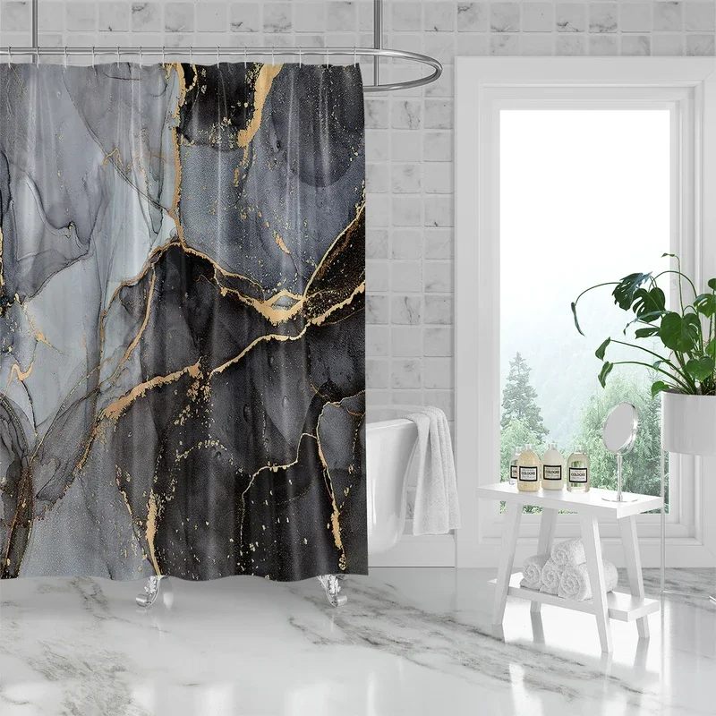 1 piece of 180x180cm gray marble pattern printed shower curtain with hook, waterproof and mold resistant partition