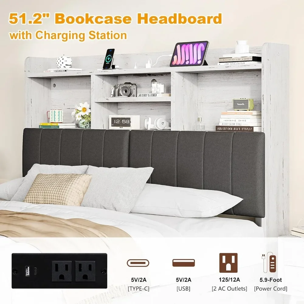 Queen Bed Frame with Bookcase Headboard 4 Storage Drawers Charging Station Wood Slats Support No Box Spring Needed，LED Bed Frame