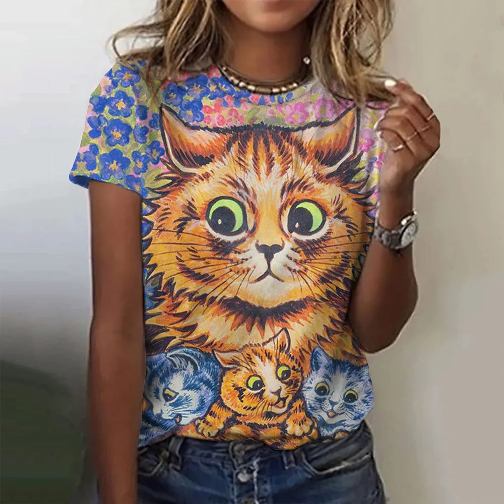 

Kawaii Funny Cat Print Women's T Shirts Summer Fashion Short Sleeve Top Women Y2k Oversized Female Clothing Ladies Casual Tees