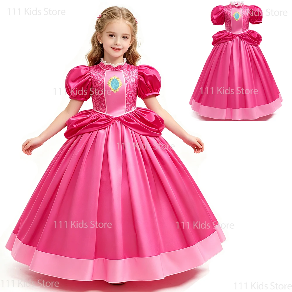 Kids Girls Pink Evening Long Dress Princess Peach Cosplay Costume Birthday Gift Outfit Children Halloween Carnival Party Dresses