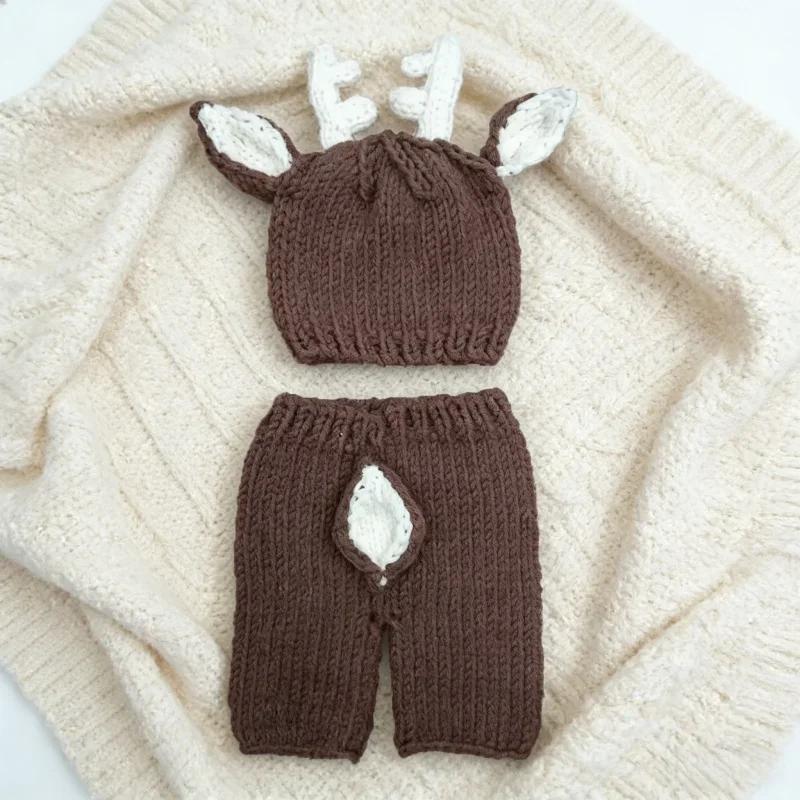 Handmade Knit Hat Pants Newborn Deer Shaped Photography Props Set Christmas Fawn Two Piece Suit Coffee Color for Kid Photo Props