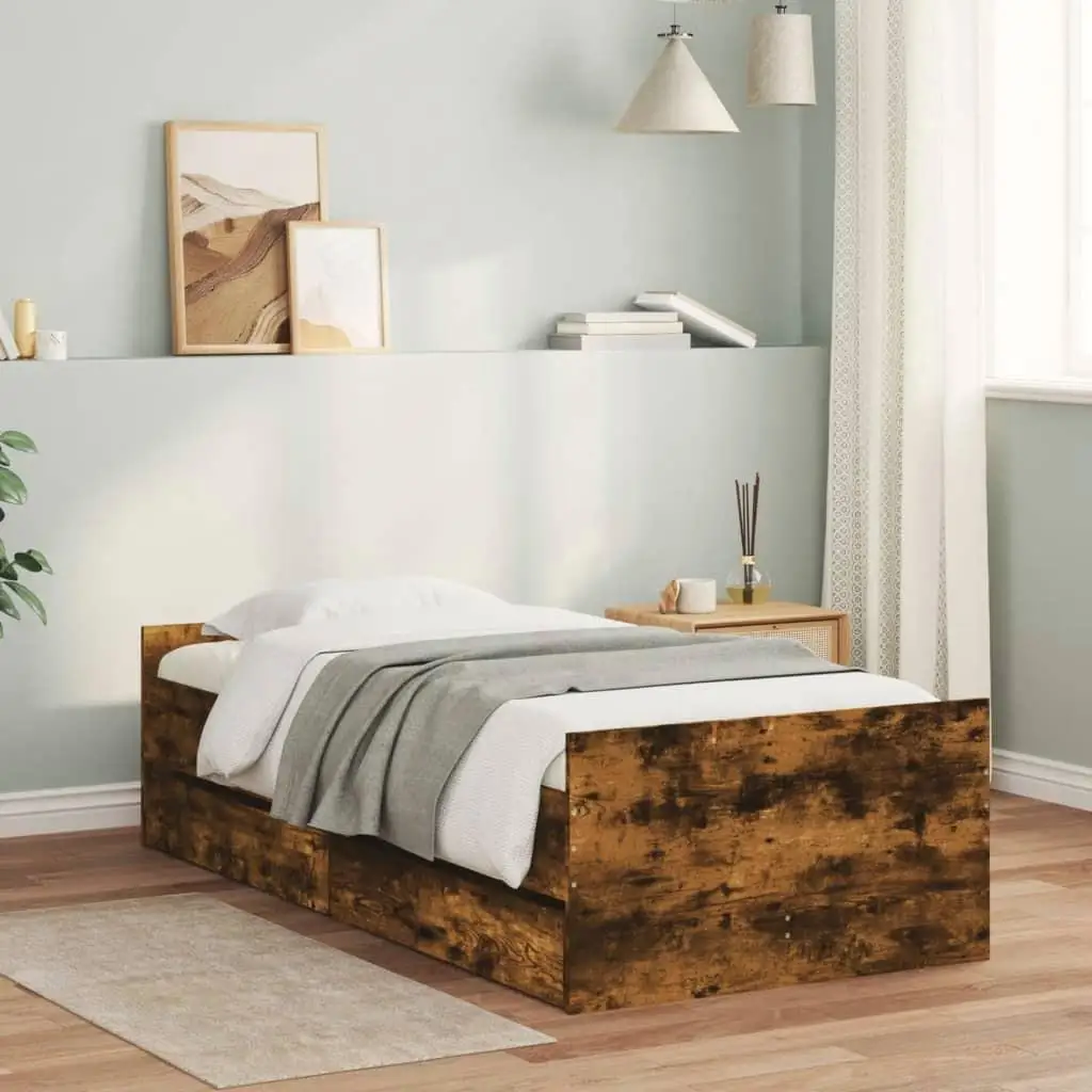 90x200 cm Smoked Oak Bed Frame with Storage Drawers - Mattress Not Included