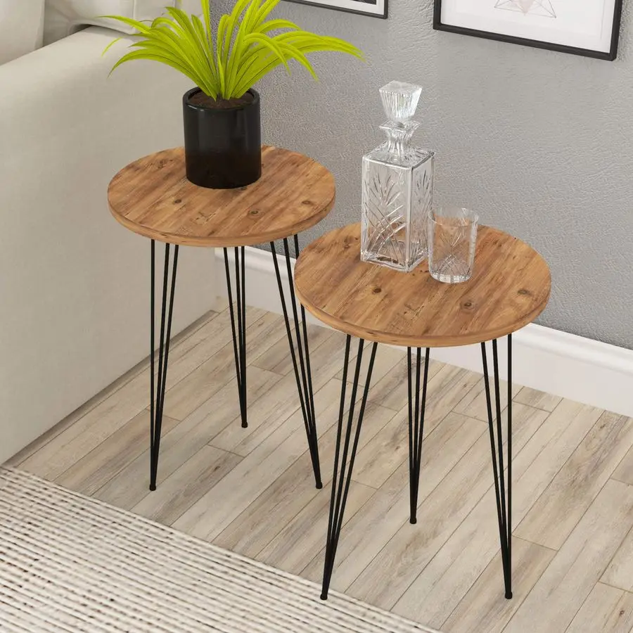 

Set of 2 End Table Pine Wood Round Wood Sofa Side Coffee Tables for Small Spaces, Nightstand Bedside Table with Black Metal Legs