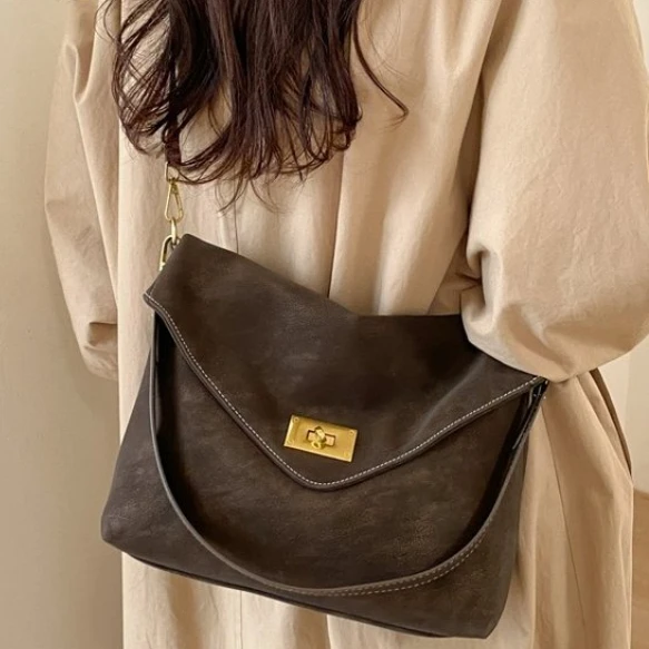 2026 Autumn Winter All-match Bowling Tote All-match Matte Suede Cowhide Leather Women Shoulder Bag Coffee Purple Noble Handbag