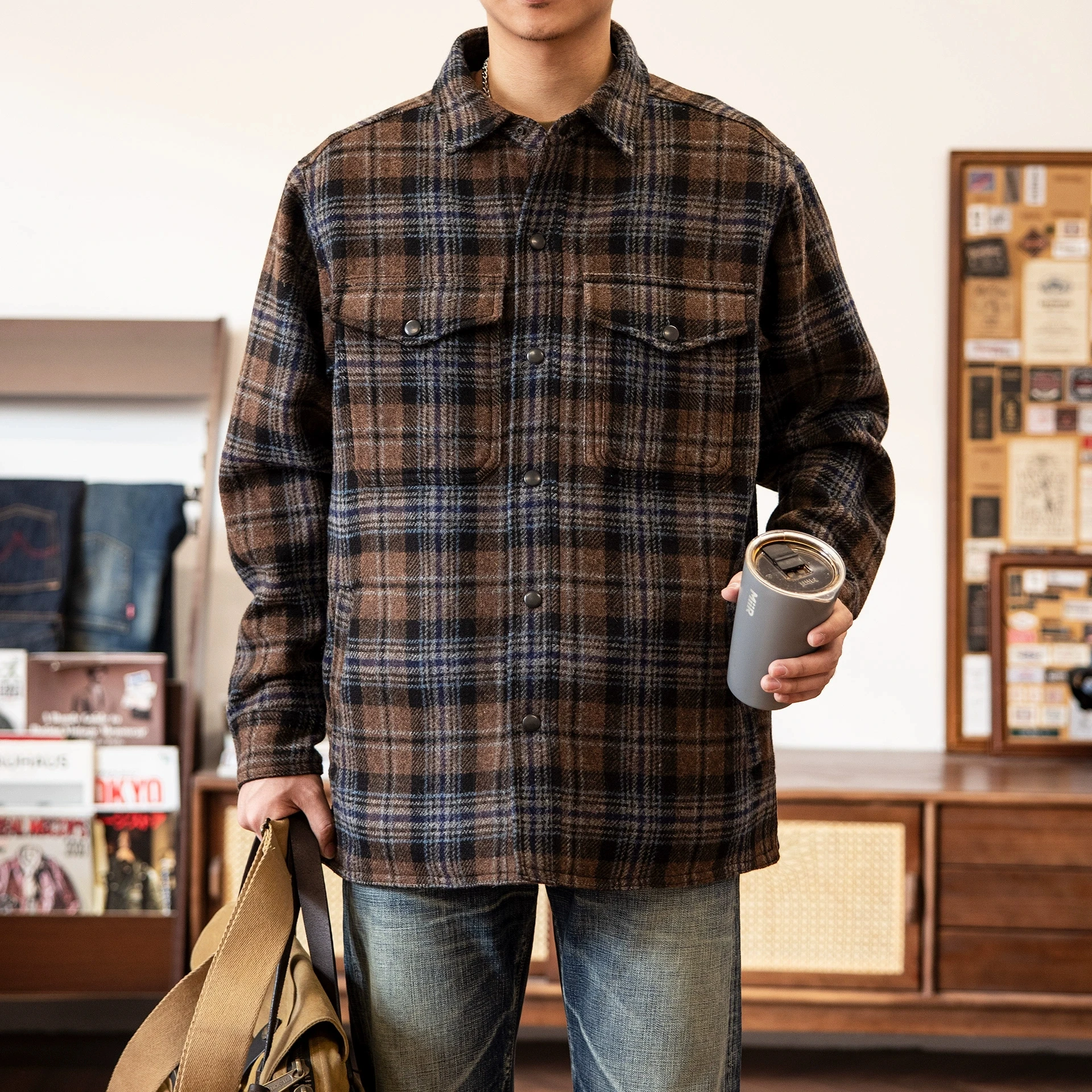 FS-0001 Big US Size camicia con colletto italiano in lana 50% dall\'aspetto Vintage di qualità genuina