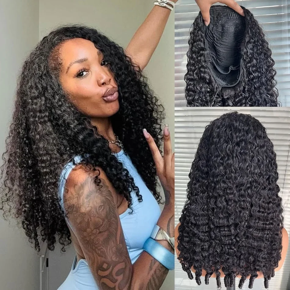 Half Wig 30 Inch 3 In 1 Seamless Flip Over Wig Human Hair 200% Density Wear And Go Deep Wave Wigs Human Hair For Women Drawstring Natural Black Half  Machine Wigs