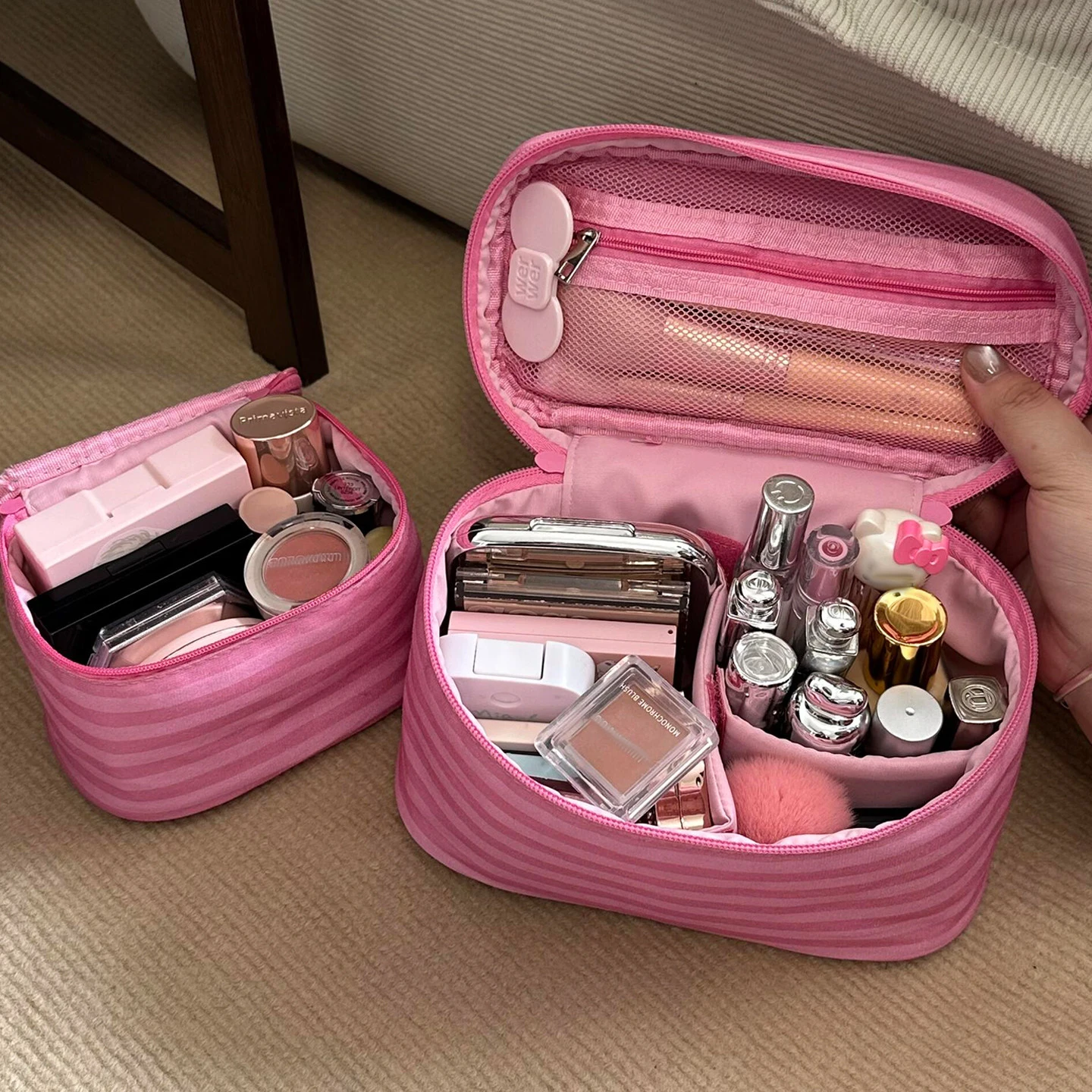 Pink Striped Makeup Bag for Women Portable, Mini Cute Handheld Small Square Bags for Going Out Travel Cosmetic Pouch