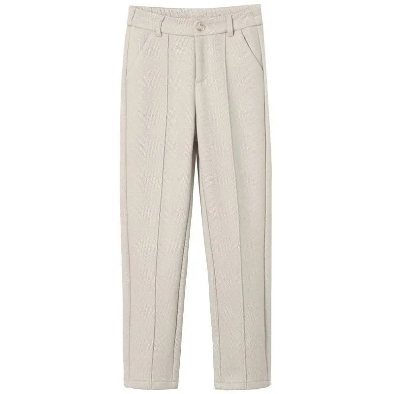 

Wool Blend Fleece Lined Thickened Women Trousers Autumn Winter New Straight Leg Loose High Waist Casual Slim Ankle Pants