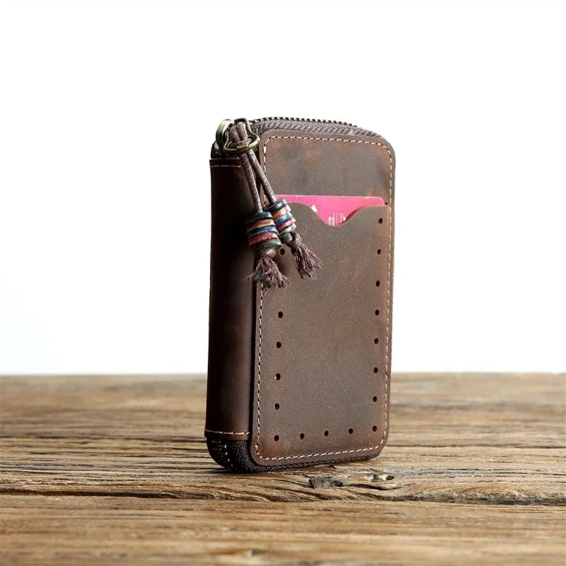 Zipper Crazy Horse Leather Key Wallet Retro Card Case Top Cowhide Coin Purse Car Key Keychain Holder Genuine Leather Key Holder