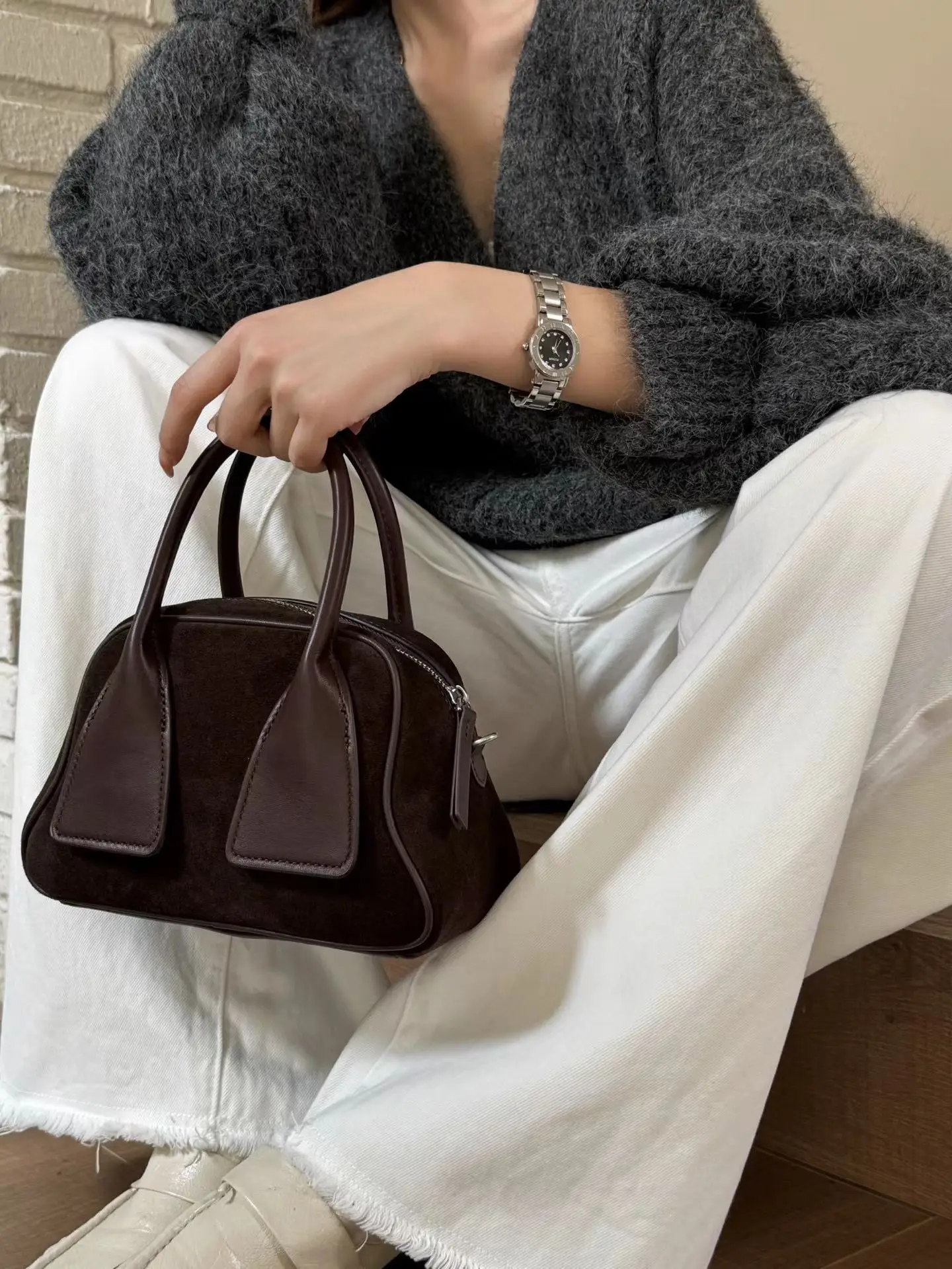 FIRMRANCH Cute Mini Toast Bag Design Women's Genuine Leather Handbag Boston Shoulder Purse Autumn Limited Edition Matteleece