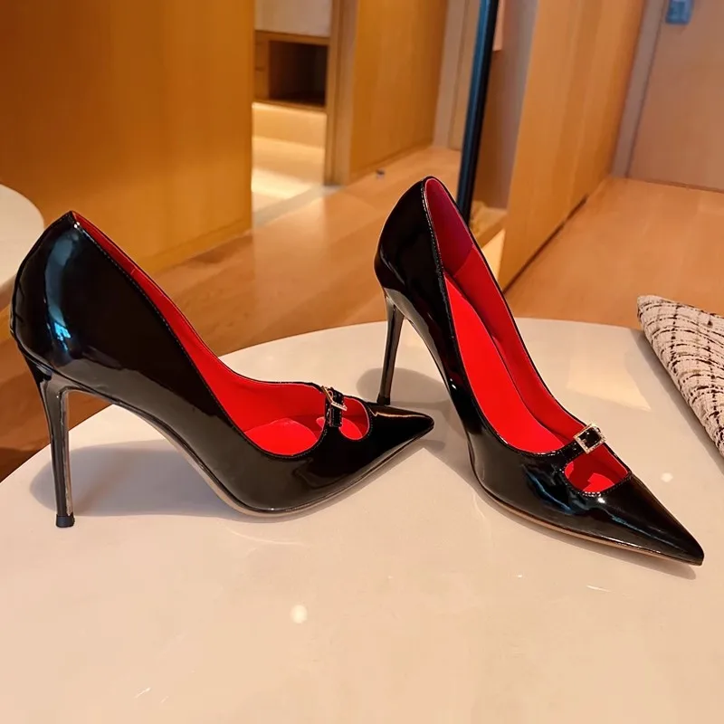 

Spring and summer new pointed shallow patent leather rivet single shoes thin high-heeled banquet dress small size women's sandal