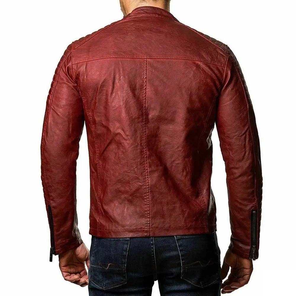 Veste en cuir rouge pour homme, col montant, cardigan à fermeture éclair, costume de danse sur scène, combinaison de bombardier de moto pour homme,