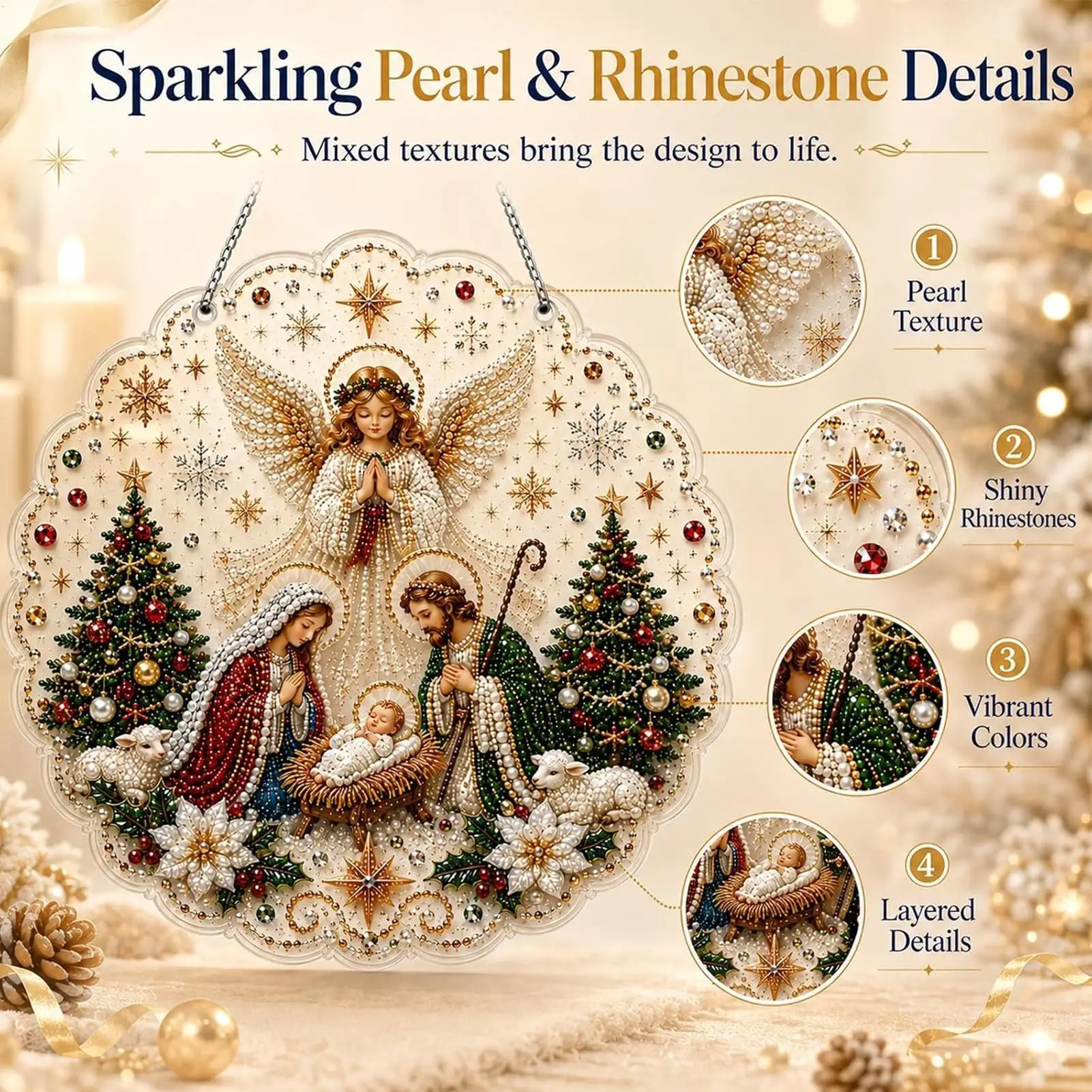 Pearl Art Christmas Ornaments DIY Rhinestones Angel Nativity Scene Craft Christmas Pearl Painting For Trees Window Holiday
