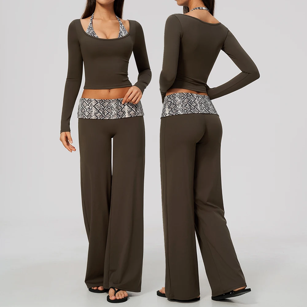 Yoga Set Sports Suit Gym Set 2PCS Women Tracksuit  Polka Dot Plaid Long Sleeve Striped Wide Leg Pants Workout Clothes Sportswear