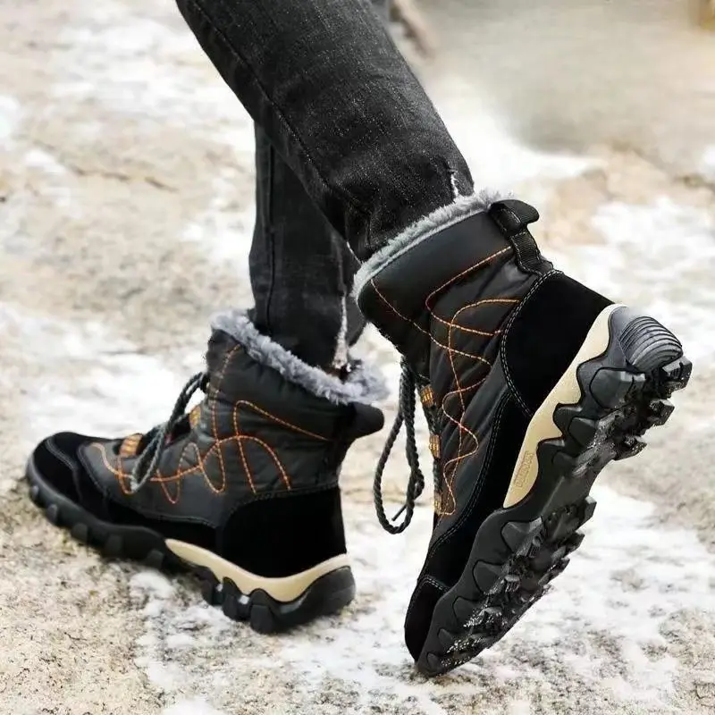 

Men's Thick Sole Snow Boots Winter Fleece Lined Thickened High Top Lace Up Workwear Style Anti Slip Cotton Padded Hiking Shoes