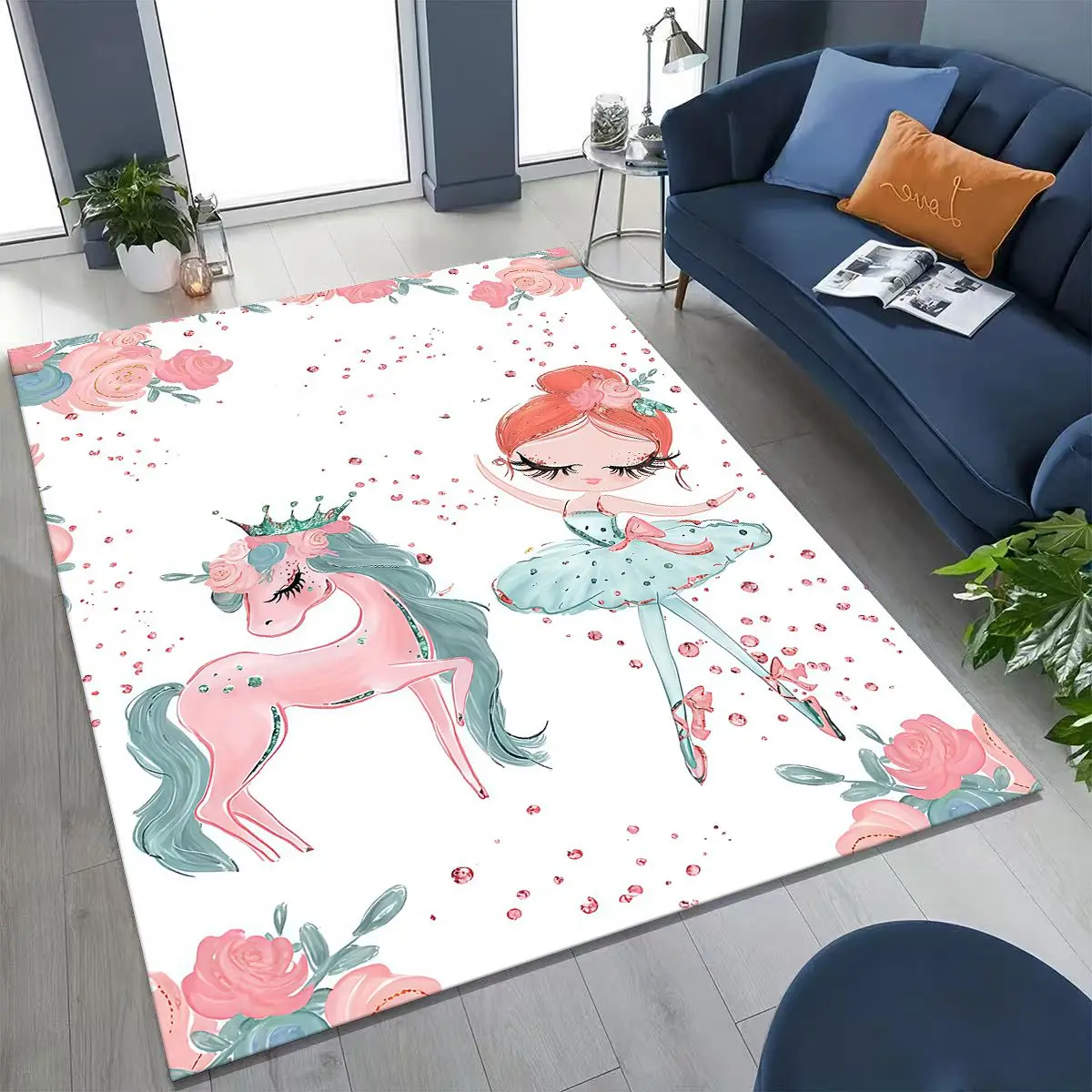 Elegant Ballet Dacing Girl Ballerina Cartoon Rug for Bedroom Living Room Sofa Home Doormat Decor,Large Kids Non-slip Floor Mat