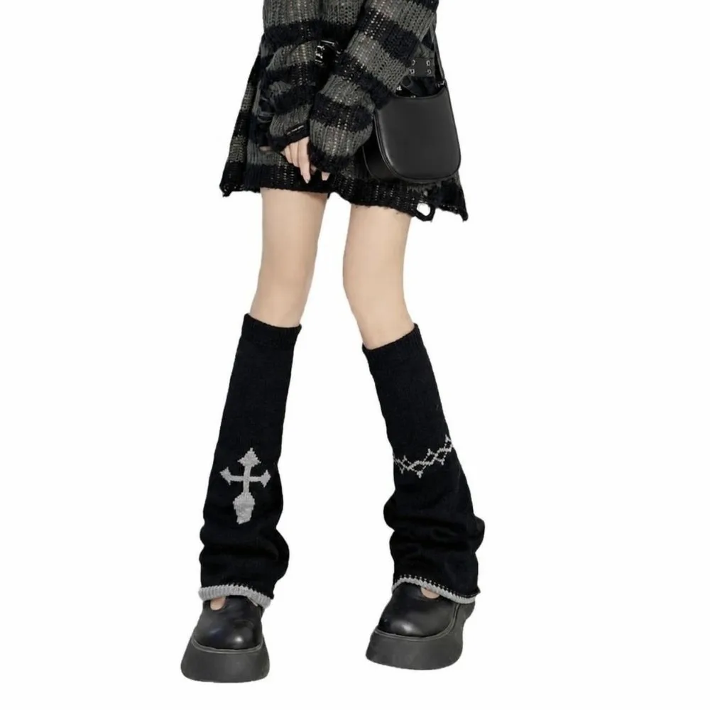 Gothic Asymmetric Knit Leg Warmers Cross Pattern Wide Leg Boot Cuffs Stretch Knit Slouchy Fit Slouchy Socks Streetwear Look