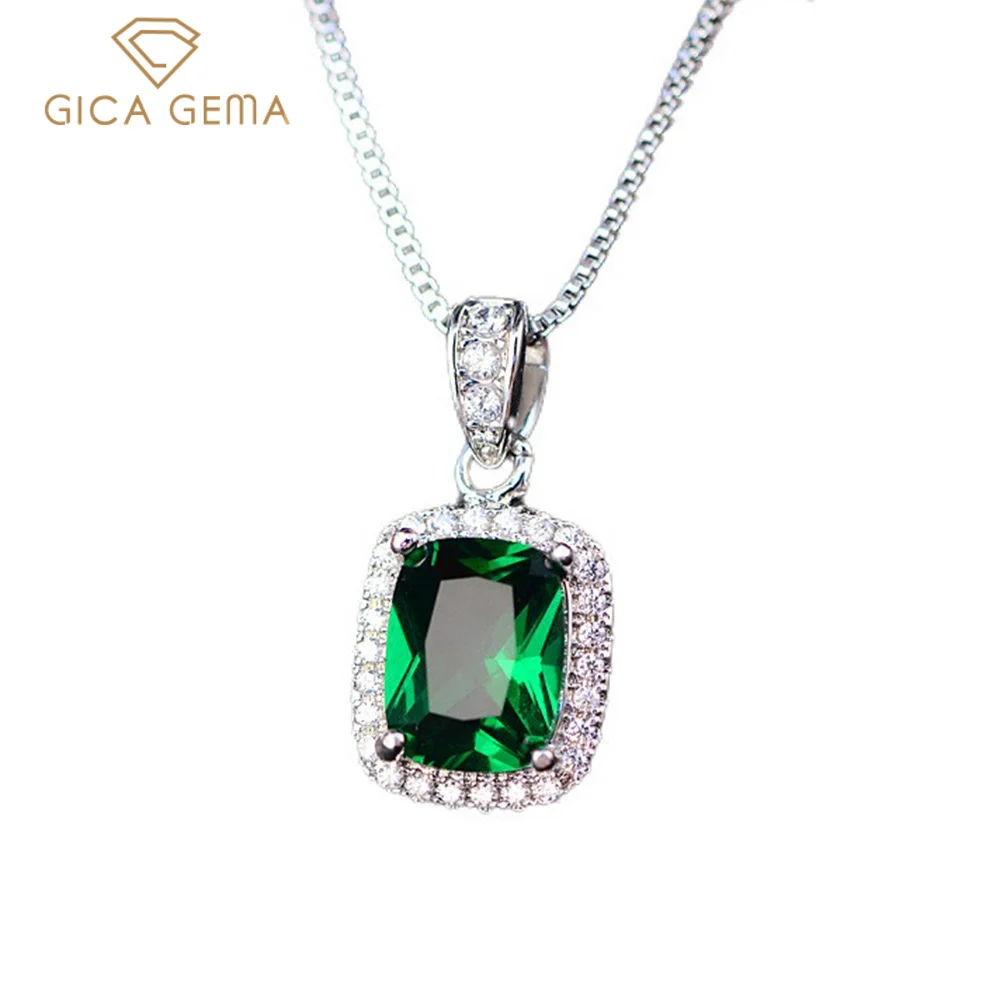 GICA GEMA Classic 100% 925 Sterling Silver Emerald Gemstone Birthstone White Gold Pendant Necklace Jewelry Gifts Wholesale