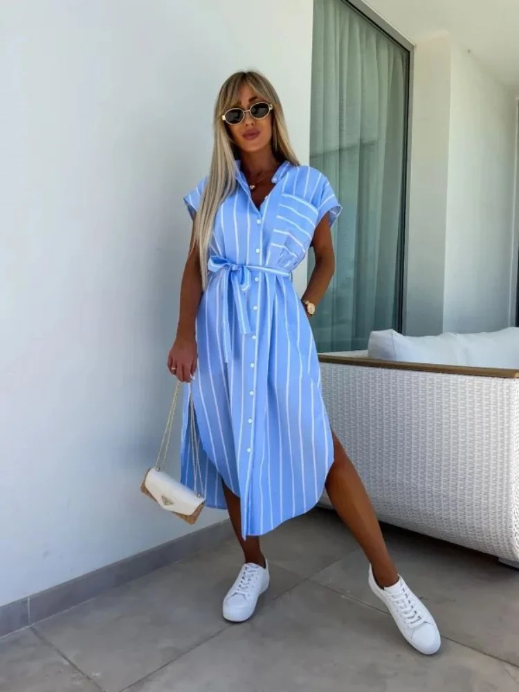 ชุดเดรสเสื้อเชิ้ตลายทางแขนสั้นสำหรับผู้หญิงเข็มขัดคาดเอวเหมาะสำหรับลำลองสุดชิคเสื้อผ้าสตรีทแวร์