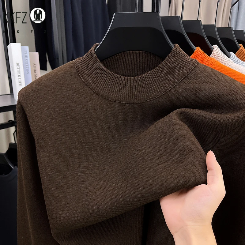 Soft Knitted Half High Neck Sweater Men Full Fleece Lined Thermal Pullover Breathable Long Sleeve Outfit For Fall Winter