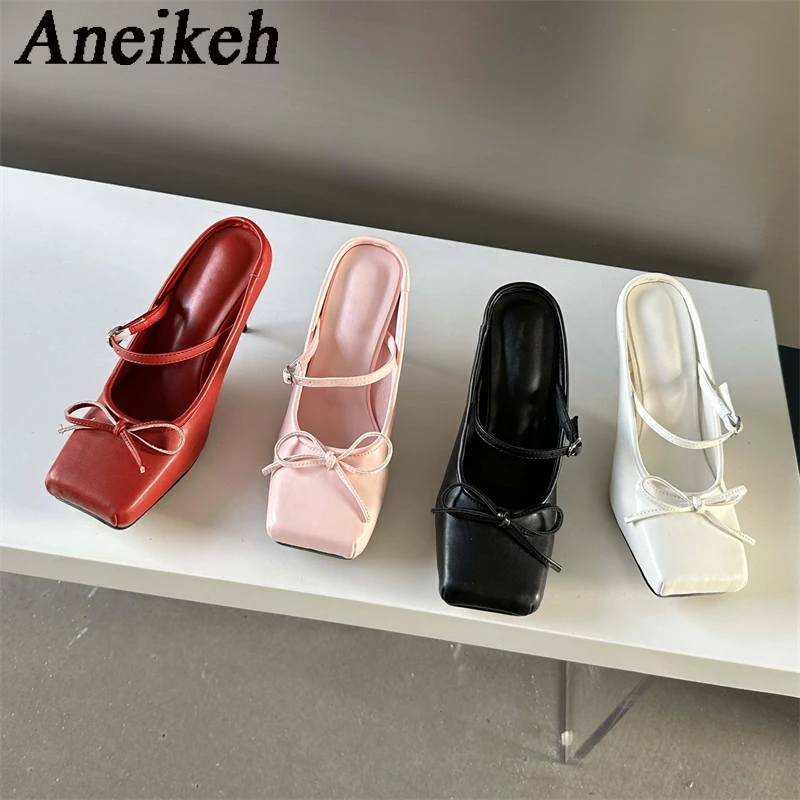 Aneikeh Sexy Square head Thin Heels Wedding Banquet Dress Mule Ladies Shoes 2024 Designer Bowknot Buckle Strap Pumps Women