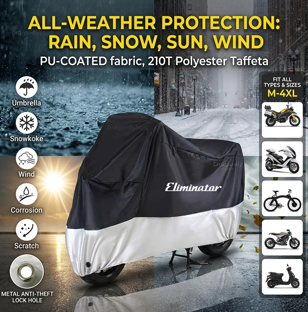 

Всесезонный чехол для мотоцикла Eliminator 500/500 SE, серебристо-черный, водонепроницаемый, пылезащитный, с защитой от УФ-излучения и отверстиями для замка